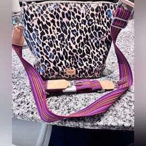 Consuela Leopard Print hobo Bag with Pink Striped Strap